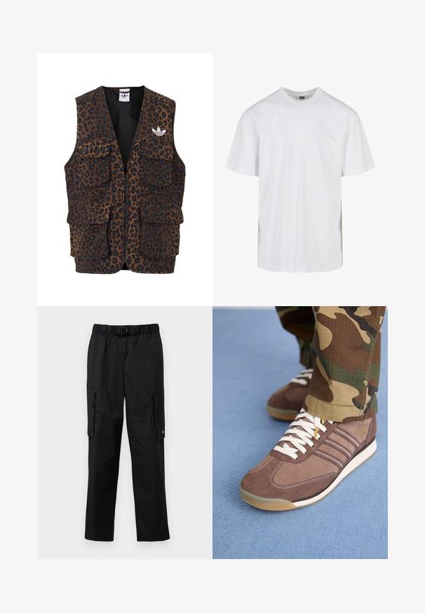 adidas Originals GRAPHIC UNISEX - Veste - bronze strata; Balta kokvilnas T-krekls ar apaļu izgriezumu un īsām piedurknēm. Dizains ir vienkāršs, bez rakstiem vai akcentiem.; Melni kravas bikses ar elastīgu jostasvietu, regulējamu jostu, vairākiem sānu maciņiem un gludu, vieglu auduma tekstūru.; Brūni zamšādas kedas ar baltajiem auklām un gaišajiem akcentiem, ar trim svītrām sānos un teksturētu gumijas zoli.