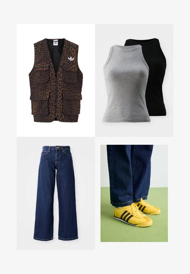 adidas Originals GRAPHIC UNISEX - Strukirani kaput - bronze strata; Dva bezrukavnog rebraastog majice u sivoj i crnoj boji. Imaju zaobljeni izrez i prilagođen siluetu, napravljene su od meke pamučne mješavine.; Tamno plave široke traperice od denima, s kopčanjem na dugme i patentni zatvarač, petljama za remen i klasičnim dizajnom s pet džepova.; Žute kožne tenisice s crnim prugama, teksturiranim vrhom i bijelim potplatom, uparene s tamnim trapericama, na zelenoj površini.