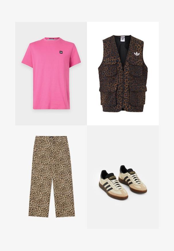 adidas Originals GRAPHIC UNISEX - Liivi - bronze strata; Lyhythihainen, pyöreäkauluksinen vaaleanpunainen T-paita, joka on valmistettu puuvillasta. Vasemmassa rinnassa on pieni musta etiketti. Sileä rakenne, rento istuvuus.; YOURTURN UNISEX - Relaxed fit -farkut - beige/black; Beige mokkan urheilu kengät mustilla nahka yksityiskohdilla, valkoisilla nauhoilla ja ruskealla kumipohjalla. Kolme mustaa raita kummallakin sivulla.