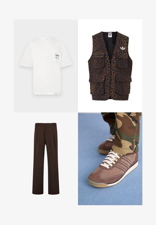 adidas Originals GRAPHIC UNISEX - Weste - bronze strata; Weißes Baumwoll-T-Shirt mit Rundhalsausschnitt, kurzen Ärmeln und linker Brusttasche, die den Text "ODESSA" und karierte Akzente zeigt.; Braune Hosen mit geradem Bein, die einen Knopfverschluss und Falten aufweisen, aus glattem Stoff gefertigt. Keine sichtbaren Taschen oder Muster.; Braune Wildleder-Sneaker mit weißen Schnürsenkeln und hellen Akzenten, die an den Seiten drei Streifen und eine strukturierte Gummisohle aufweisen.