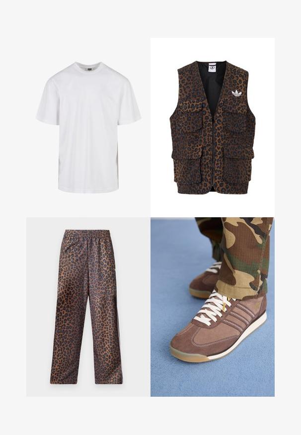 adidas Originals GRAPHIC UNISEX - Vest - bronze strata; Hvid bomulds T-shirt med rund halsudskæring og korte ærmer. Designet er enkelt uden mønstre eller accenter.; Løvepletterede bukser med elastisk talje. Lavet af et skinnende stof, med en brun bund og sorte pletter samt en løs pasform.; Brune ruskind sneakers med hvide snørebånd og lyse accenter, der har tre striber på siderne og en tekstureret gummisål.