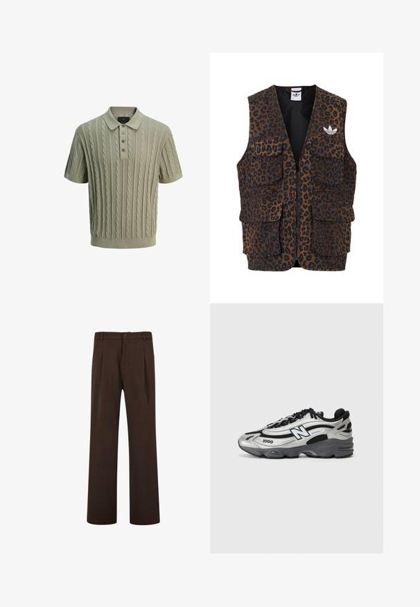 adidas Originals UNISEX brąz; Dzianinowa koszulka polo w jasnym zielonym kolorze z wzorem warkoczowym, krótkimi rękawami, zapięciem na trzy guziki oraz ściągaczem przy kołnierzy i dolnej krawędzi.; Brązowe spodnie o prostym kroju, z zapięciem na guzik i plisami, wykonane z gładkiego materiału. Brak widocznych kieszeni i wzorów.; Srebrne i czarne buty sportowe z siateczkową cholewką, amortyzowaną podeszwą, wiązanym zapięciem i bocznym logo.