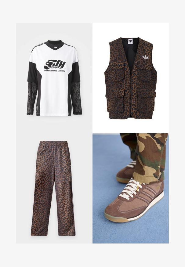 adidas Originals GRAPHIC UNISEX - Colete - bronze strata; Camisa desportiva branca e preta com mangas longas de renda, apresentando uma impressão gráfica preta com a inscrição "Fly Tanzbar" e o logótipo da Adidas.; Calças de padrão de leopardo com cintura elástica. Feitas de um tecido brilhante, com uma base castanha e manchas pretas, e um design de corte solto.; Sapatilhas de camurça castanha com atacadores brancos e detalhes claros, apresentando três riscas nas laterais e uma sola de borracha texturizada.