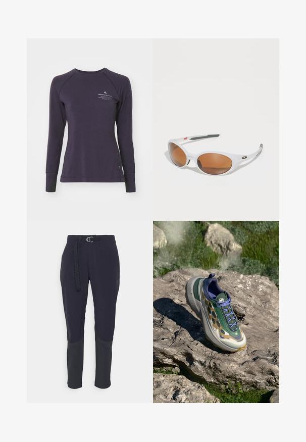 Gray fleece vest with a high collar, full zipper, and no sleeves. Features a small black label on the chest. Soft texture.; Klättermusen FAFNE CREW - Long sleeved top - grape; Dark navy outdoor pants made of lightweight fabric, featuring a belt, pockets, and contrasting dark gray knee panels for added durability.; Sport shoe featuring a patterned mesh upper in green and beige, a thick gray midsole, and purple accents, set against a rocky surface.; White sunglasses with brown lenses, oval shape, made of smooth plastic, featuring gray accents on the arms and a logo on the frame.