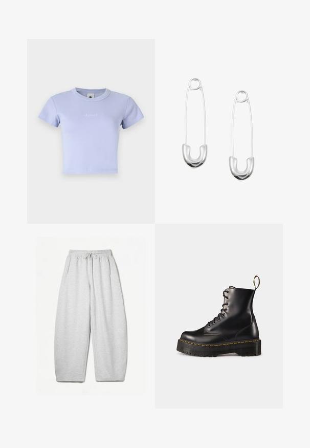 Grau gefütterte Weste mit Knopfverschluss, zwei seitlichen Taschen und einem kleinen farbenfrohen Markenlogo auf der linken Seite. Die Kanten haben einen kontrastierenden Saum.; Hellblau-lila geripptes Baumwoll-Crop-Top mit kurzen Ärmeln und Rundhalsausschnitt. Mit dezentem gesticktem Logo auf der Vorderseite.; Hellgraue Sweatpants mit entspannter Passform, elastischem Bund, Kordelzug und seitlichen Taschen; aus weichem, strukturiertem Stoff gefertigt.; Schwarze Leder-Schnürstiefel mit knöchelhohem Schaft, einer robusten schwarzen Sohle und gelben Nähten. Verfügt über eine Lasche hinten und runde Metallösen.; Silberne Sicherheitsnadeln mit einem runden U-förmigen Design, das eine glänzende, glatte Oberfläche und offene, kreisförmige Enden für eine einfache Handhabung aufweist.