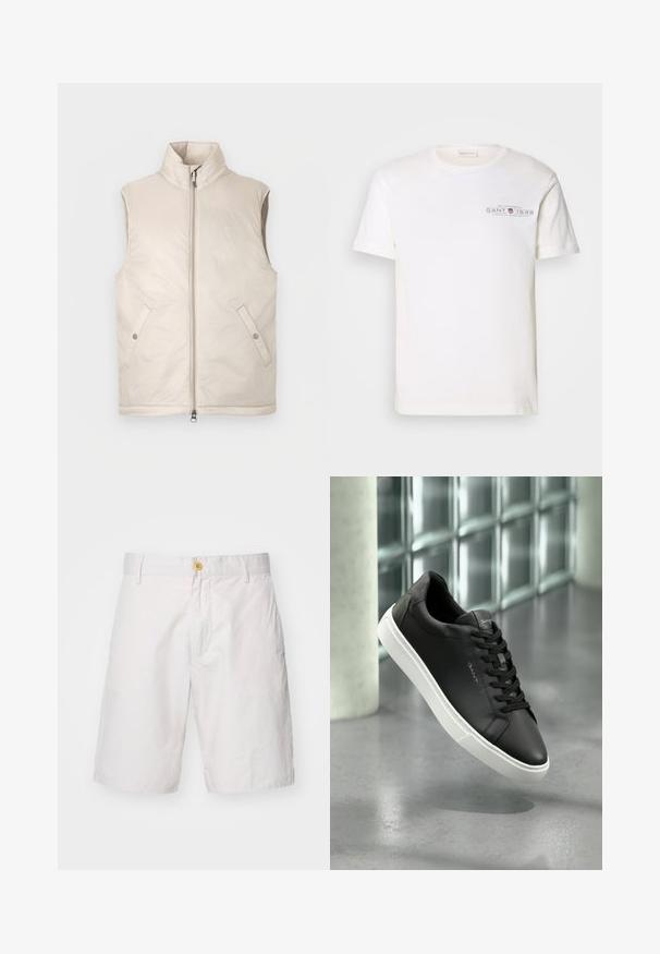 Gilet imbottito senza maniche beige con collo alto, zip frontale e due tasche laterali, caratterizzato da una texture liscia e un design minimalista.; T-shirt bianco in cotone con collo rotondo, maniche corte e logo stampato. Presenta un design minimalista e una vestibilità rilassata.; Pantaloni corti bianchi da uomo realizzati in tessuto leggero. Presentano una chiusura con bottone, due tasche laterali e una vestibilità comoda con taglio dritto.; Sneaker in pelle nera con suola in gomma bianca, punta rotonda e lacci. Presenta una texture liscia e un branding discreto sulla linguetta.