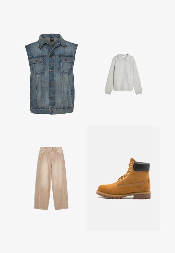 Denim-liivi haalistuneessa sinisessä, hihaton malli. Varustettu kahdella rintataskulla, metallinapeilla ja kauluksella. Kankaan rakenne on teksturoitu.; Harmaa neulepullover, jossa on kauluspää, kolme etupainiketta ja ribbireunukset. Kangas vaikuttaa pehmeältä ja teksturoidulta, ja se on rento malli.; Beige corduroy levele-legged trousers with vertical ribbing, which feature front pockets, belt loops, and a zip fly with button closure.; Valkoinen nahkainen nilkkuri mustalla pehmustetulla kauluksella, kultaisilla metallisilla rei'illä, valkoisella ompeluksella ja jykevällä kumipohjalla, jossa on selvästi näkyvät urat.