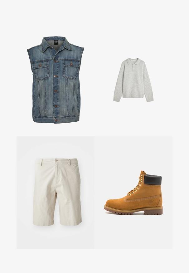 Jeansweste in verblasstem Blau mit ärmellosem Design. Verfügt über zwei Brusttaschen, Metallknöpfe und einen kragenlosen Halsausschnitt. Strukturiertes Gewebe.; Grauer Strickpullover mit kragenähnlichem Ausschnitt, drei vorderen Knöpfen und geripptem Saum. Der Stoff wirkt weich und strukturiert und hat eine lockere Passform.; Beige Baumwollshorts mit einer Eingrifftaste, Gürtelschlaufen und geradem Beinschnitt. Glatte Textur, endet knapp über dem Knie.; Beige Wildleder-Ankle-Boot mit schwarzem gepolstertem Kragen, goldenen Metallösen, weißen Nähdetalben und einer robusten Gummisohle mit ausgeprägtem Profil.