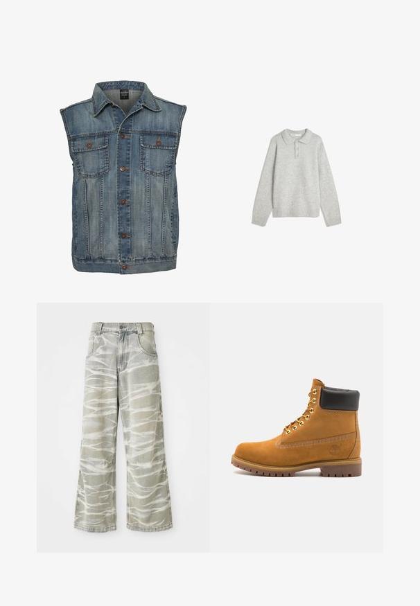 Jeansväst i blekblått med ärmlös design. Har två bröstfickor, metallknappar och krage. Gytterväv.; Grå stickad tröja med krage, tre knappar fram och ribbad nederkant. Tyget verkar mjukt och texturerat, med en avslappnad passform.; Ljust grå denimjeans med vida ben, med vita abstrakta mönster, fem fickor och knappstängning fram. Sliten kantdetalj.; Tan mockasins ankelstövlar med svart vadderad krage, guldmetallöglor, vit sömdekor och slitstöt gummisula med utmärkta mönster.