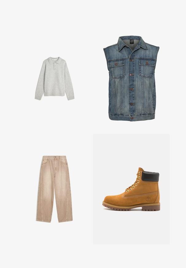 Fakó kék farmermellény, ujjatlan kialakítással. Két mellzsebe, fémből készült gombok és galléros nyak rátétekkel rendelkezik. Textúrált anyag.; Szürke kötött pulóver, galléros nyakkal, három elülső gombbal és bordás hempergővel. Az anyag lágy és texturált, lazább szabású.; Bézs kordbársony bő szárú nadrág, vertikális bordázattal, elülső zsebekkel, övbújtatókkal és cipzáras, gombos záródással.; Barna velúr bokacipő fekete párnázott gallérral, arany fém fűzőlyukakkal, fehér varrási részletekkel és durva gumitalppal, amelynek kifejezett barázdái vannak.