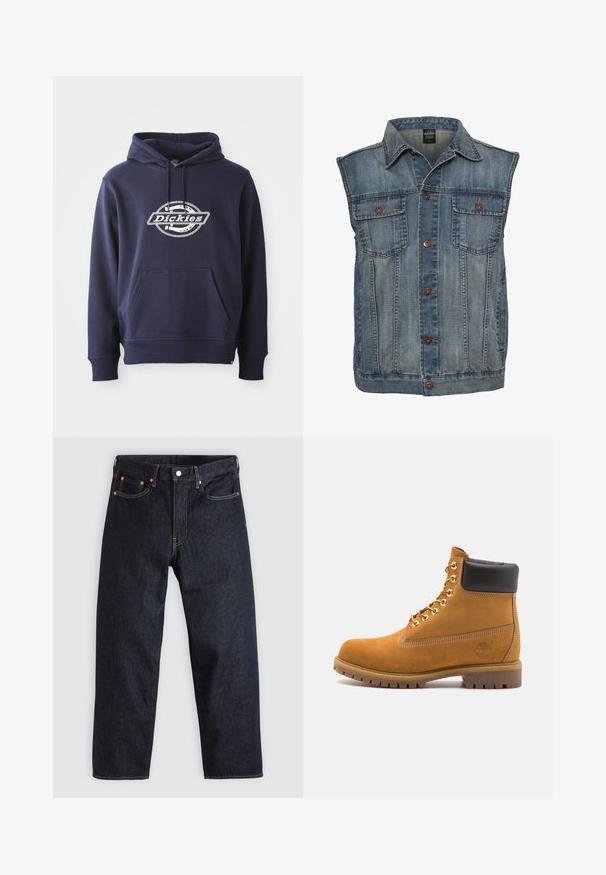 Faded sinine denimpusa, varrukateta disainiga. Omab kahte rinna taskut, metallnuppe ja kraed. Tekstureeritud kangas.; Tumed sinine kapuutsiga särk, mis on valmistatud puuvilla segust. Omab eesmist taskut ja reguleeritavat kapuutsi. Valge "Dickies" logo rinnal ümmarguses kujunduses.; Tumedad sinised teksad sirge lõikega, viie taskuga, kontrastsete oranžide õmblustega ja nööpide kinnitusega. Ilma nähtavate mustrite või kaunistusteta.; Küpset tan suede sääreboot musta pehmea kraega, kuldsed metallist silmad, valge õmblemise detailid ja robustne kummist tallaga, millel on väljendunud mustrid.