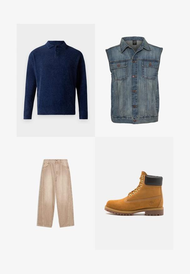 Jeansweste in verblasstem Blau mit ärmellosem Design. Verfügt über zwei Brusttaschen, Metallknöpfe und einen kragenlosen Halsausschnitt. Strukturiertes Gewebe.; Dunkelblauer Pullover aus weichem, strukturiertem Stoff. Verfügt über einen Kragen, eine Dreiknopf-Leiste und lange Ärmel. Minimalistisches Design.; Beige corduroy-Hosen mit weitem Bein und vertikalen Rippen, ausgestattet mit Fronttaschen, Gürtelschlaufen und einem Reißverschluss mit Knopfverschluss.; Beige Wildleder-Ankle-Boot mit schwarzem gepolstertem Kragen, goldenen Metallösen, weißen Nähdetalben und einer robusten Gummisohle mit ausgeprägtem Profil.