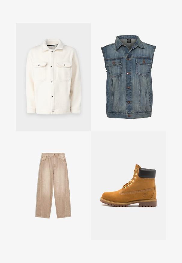 Gilet in denim blu sbiadito con design senza maniche. Presenta due tasche sul petto, bottoni in metallo e un colletto. Tessuto testurizzato.; Giacca in fleece di colore bianco sporco con chiusura a bottoni, due tasche sul petto e colletto camicia. Presenta una superficie testurizzata e polsini arrotondati.; Pantaloni a gamba larga in corduroy beige con righe verticali, dotati di tasche frontali, passanti per la cintura e chiusura con zip e bottone.; Stivale alla caviglia in suede tan con collare imbottito nero, occhielli in metallo dorato, dettagli in cucitura bianca e suola in gomma robusta con battistrada pronunciato.