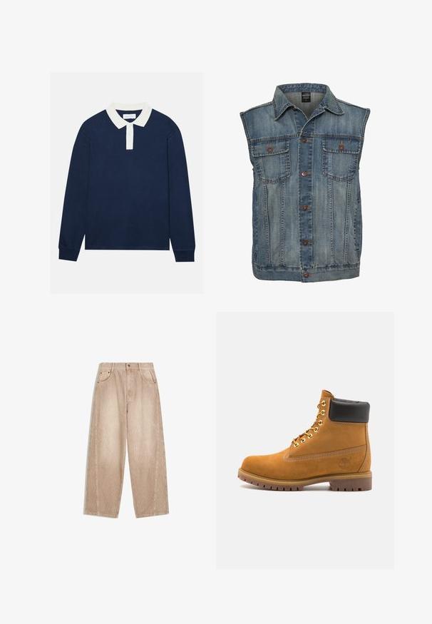 Denim vest in vervaagde blauwe kleur met een mouwloos ontwerp. Voorzien van twee borstzakken, metalen knopen en een kraag. Gelaagd stof.; Marineblauwe polo met lange mouwen, voorzien van een witte geribbelde kraag en een knoopsluiting met drie knopen. Zachte textuur, rechte zoom en geribbelde manchetten.; Beige corduroy wijde broek met verticale ribbels, voorzien van zijzakken, ri loopingen en een ritssluiting met knoopsluiting.; Tan suède enkelboot met zwart gevoerd kraagje, gouden metalen oogjes, witte stikdetails en een robuuste rubberen zool met uitgesproken profiel.