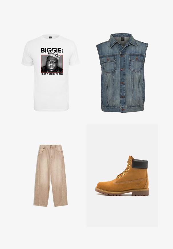 Denim-liivi haalistuneessa sinisessä, hihaton malli. Varustettu kahdella rintataskulla, metallinapeilla ja kauluksella. Kankaan rakenne on teksturoitu.; Valkoinen puuvillainen t-paita, jossa on mustavalkoinen grafiikka miehestä kruunu päässään, ja alla rohkealla mustalla tekstillä "BIGGIE:" ja "I GOT A STORY TO TELL".; Beige corduroy levele-legged trousers with vertical ribbing, which feature front pockets, belt loops, and a zip fly with button closure.; Valkoinen nahkainen nilkkuri mustalla pehmustetulla kauluksella, kultaisilla metallisilla rei'illä, valkoisella ompeluksella ja jykevällä kumipohjalla, jossa on selvästi näkyvät urat.