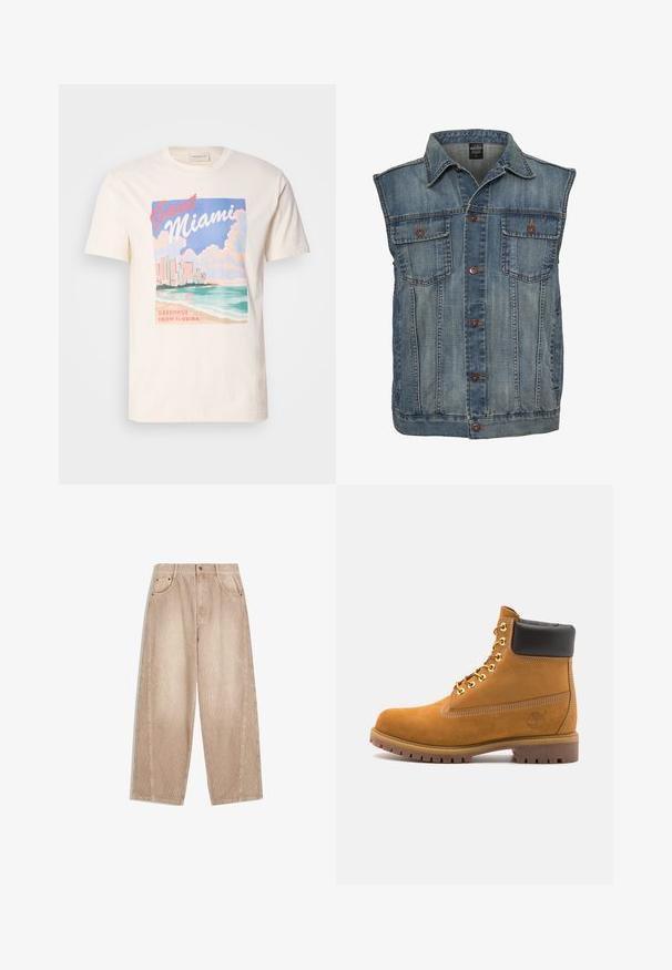 Jeansväst i blekblått med ärmlös design. Har två bröstfickor, metallknappar och krage. Gytterväv.; Krämfärgad bomull T-shirt med ett grafiktryck av Miami skyline, vågor och moln i pastellfärger, med texten "GANT Miami" och "Greetings From Florida".; Beige manchestervidbyxor med vertikala ribbor, utrustade med framfickor, bälteshällor och en zip-fly med knappstängning.; Tan mockasins ankelstövlar med svart vadderad krage, guldmetallöglor, vit sömdekor och slitstöt gummisula med utmärkta mönster.