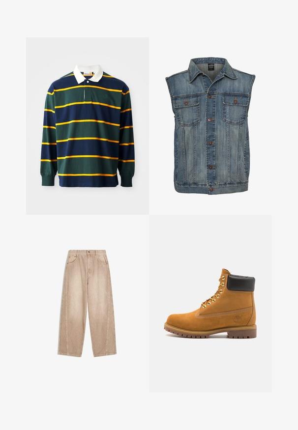 Fakó kék farmermellény, ujjatlan kialakítással. Két mellzsebe, fémből készült gombok és galléros nyak rátétekkel rendelkezik. Textúrált anyag.; Hosszú ujjú pólóing, zöld, tengerészkék és sárga csíkokkal, fehér gallérral és kis logóval a mellkasán. Pamut anyag.; Bézs kordbársony bő szárú nadrág, vertikális bordázattal, elülső zsebekkel, övbújtatókkal és cipzáras, gombos záródással.; Barna velúr bokacipő fekete párnázott gallérral, arany fém fűzőlyukakkal, fehér varrási részletekkel és durva gumitalppal, amelynek kifejezett barázdái vannak.