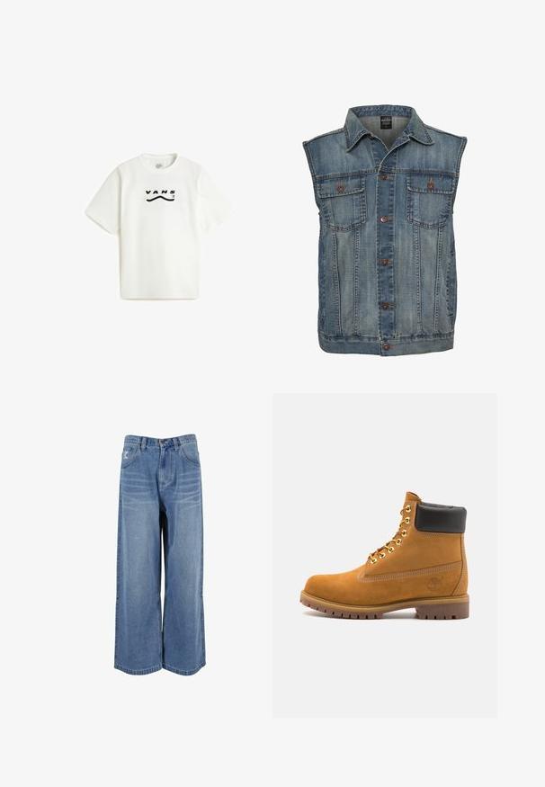 Denim vest in faded blue with a sleeveless design. Features two chest pockets, metal buttons, and a collared neckline. Textured fabric.; Vans DETERMINED - Print T-shirt - white; Wide-leg blue denim jeans with a high waist, front pockets, and stitched detail on the legs. Textured, faded finish with a relaxed fit.; Tan suede ankle boot with black padded collar, gold metal eyelets, white stitching detailing, and rugged rubber sole with pronounced treads.