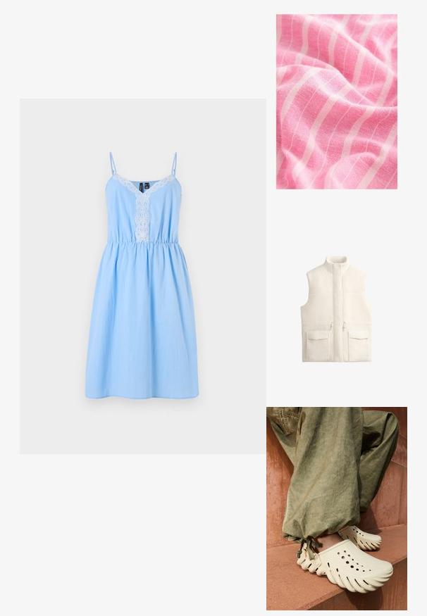 Biely fleecový vest s vysokým golierom, zipsom vpredu a dvoma veľkými prednými vreckami, so zamatovým textúrou a čistým, minimalistickým dizajnom.; Svetlomodré letné šaty z bavlny s nastaviteľnými ramienkami, V-výstrihom a bielou čipkovou výzdobou na prednej strane, s naťahovacími detailmi v oblasti pása.; Ružová látka má textúrovaný povrch s výraznými bielymi vertikálnymi pruhmi. Materiál sa javí ako mäkký a ľahký, s jemným sklonom.; Béžové gumené dreváky s vlnitým okrajom a ventilačnými otvormi, obuté v kombinácii so zelenými nohavicami so stiahnutými okrajmi, položené na textúrovanej terakotovej ploche.