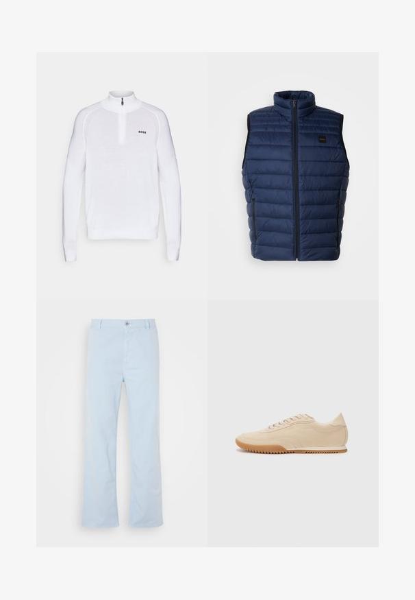 Dunkelblaues Steppweste mit hohem Kragen, gestepptem Muster, Frontreißverschluss und zwei Seitentaschen. Mit kleinem Markenlogo.; Weißer Pullover mit langen Ärmeln und einem Halb-Reißverschlusskragen, strukturiertem Strickdetail an den Schultern und einem schwarzen "BOSS"-Logo auf der Brust.; Helle blaue Baumwollhose mit geradem Schnitt, vorderem Knopfverschluss und Seitentaschen. Glatte Textur und minimale Nähdetails.; Beige Wildledersneaker mit einem schlanken Design, einer strukturierten Oberseite, abgerundetem Fuß und einer Gummisohle mit Zickzackmuster.