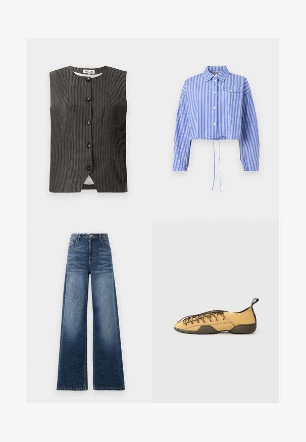Ermeløs mørk vest med vertikale pinstripedesign, som har fem knapper foran, rund halslinje, og jevnt stoff med en subtil glans.; Kuttet blå skjorte med hvite vertikale striper, knapping foran, krage og elastiske ermer med snøring i nederkant samt brystlomme.; Bredde ben denim jeans i mellomblå, med høy midje, falmede detaljer og klassisk fem-lomme design med broderte detaljer.; Gule suede snøredrakt med mørkegrønn gummisåle og hæltabu, vist fra siden på en lys grå bakgrunn.
