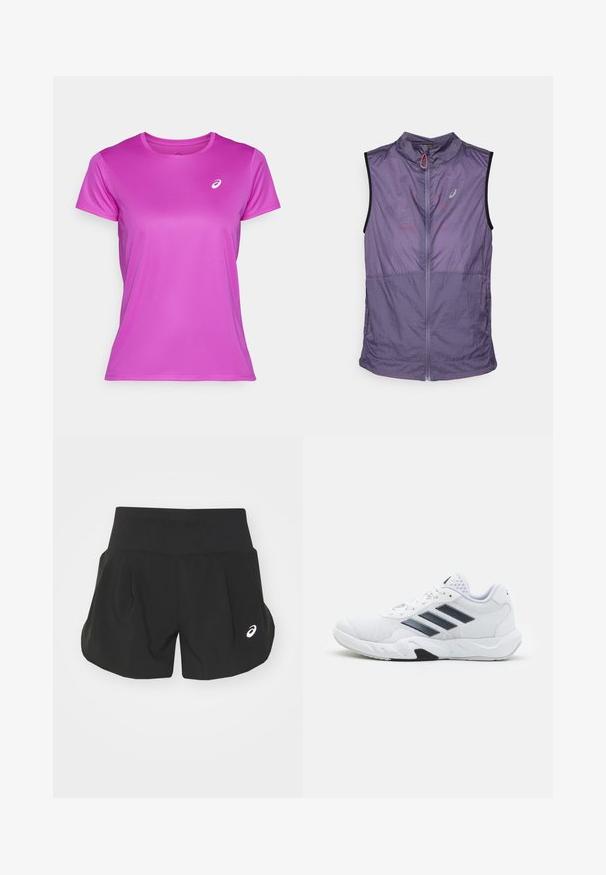 Lett, ermeløs vest i en dempet lilla nyanse. Har høy krage, frontglidelås og kontrastfargede svarte armhull. Glatt tekstur.; ASICS CORE TOP - T-skjorte til trening - bold magenta; Sorte atletisk shorts med bred midjebånd, plisserte detaljer og en liten hvit logo på nederste venstre side. Mykt, lett materiale.; Hvit sportsko med mesh-overdel, tre svarte striper på siden, teksturerte detaljer og en solid gummisåle med en kontrasterende svart seksjon.