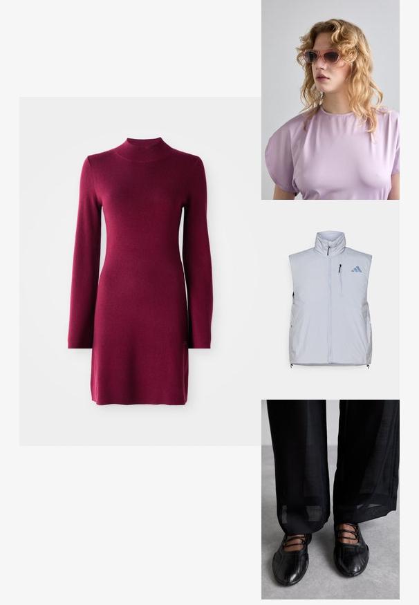 Hellgraue ärmellose Weste mit hohem Kragen, Frontreißverschluss, linker Brusttasche und schwarzen Reißverschluss-Anfassern; verfügt über ein blaues Logo auf der rechten Schulter.; Langärmliges, eng anliegendes burgunderfarbenes Strickkleid mit Stehkragen, geradem Saum und glatter Textur auf einem einfarbigen Hintergrund.; MIISTA AVERIE - Riemchenballerina - black; Rosatönte Sonnenbrillen mit geometrischem Rahmen, kombiniert mit einem weichen Lavendeloberteil mit rundem Ausschnitt und kurzen Ärmeln.