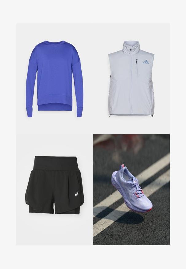 Jasnoszara kamizelka bez rękawów z wysokim kołnierzem, z przodu na zamek błyskawiczny, kieszenią na lewej piersi oraz czarnymi uchwytami zamka; na prawym ramieniu znajduje się niebieskie logo.; Fioletowy sweter z długimi rękawami, okrągłym dekoltem i lekko zaokrąglonym dołem. Wykonany z miękkiego, lekkiego materiału o gładkiej fakturze.; Czarne szorty sportowe z przewiewną siateczkową nakładką, wewnętrznymi szortami o gładkiej fakturze i białym logo po lewej stronie.; Jasnofioletowy but do biegania z teksturowaną cholewką, różowymi akcentami, okrągłym mechanizmem sznurowania i nakropkowaną podeszwą, uniesiony nad tle chodnika.