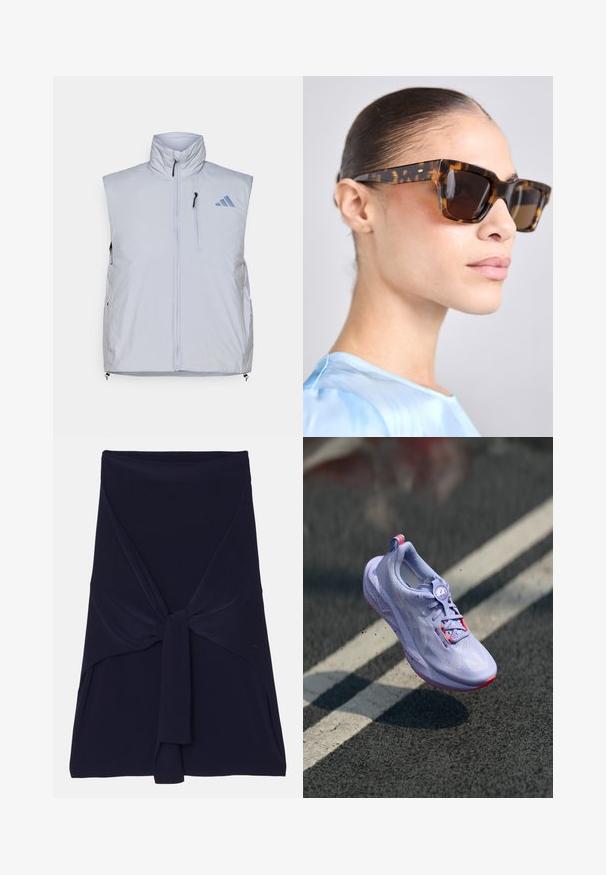 Lyst grå ærmeløs vest med høj krave, frontlynlås, venstre brystlomme og sorte lynlåsrester; har et blåt logo på den højre skulder.; Langærmet skjorte i sort, lavet af blødt stof. Har rund hals og raglanærmer med tommelfingerhuller ved manchetterne. Minimalistisk design.; Marineblå omslagskørt lavet af blødt, strækkeligt stof med et knyttet design foran, der har en glat overflade og skræddersyede kanter.; Lys lilla løbesko med en tekstureret overdel, pink accenter, en rund snøringsmekanisme og en plettet sål, hævet over en belægning som baggrund.; Skildpaddemønstrede solbriller med en kraftig, rektangulær ramme. Mørke linser og guldtonede detaljer på stængerne. Glat, blank overflade.