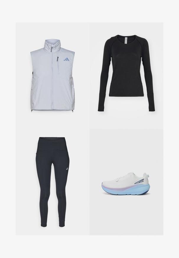 Světle šedá bezrukávová vesta s vysokým límcem, předním zipem, kapsou na levé straně hrudi a černými táhly zipu; obsahuje modré logo na pravém rameni.; Černá dlouhá rukávová košile vyrobená z měkké látky. Má kulatý výstřih a raglánové rukávy s otvory na palce na manžetách. Minimalistický design.; ASICS ROAD HIGH WAIST - Zimní legíny - performance black; Bílé běžecké boty s texturovaným svrškem, mají gradientovou podrážku v modro-fialových odstínech a malé akcentní logo na boku.