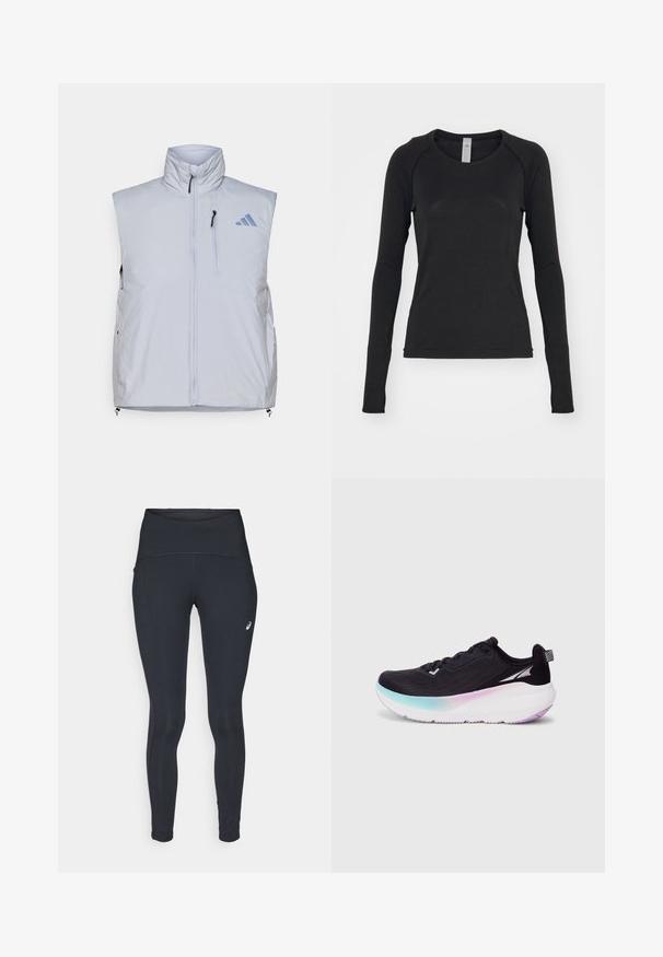 Gaiši pelēks bez piedurknēm vestes ar augstu apkakli, priekšējo rāvējslēdzēju, kreisās krūts kabatu un melniem rāvējslēdzējiem; uzlabots ar zilu logo labajā plecā.; Melna garām piedurknēm krekls, izgatavots no mīksta auduma. Iekļauj apaļu kakla izgriezumu un raglan piedurknes ar caurumiem īkšķiem pie aprocēm. Minimalistisks dizains.; ASICS ROAD HIGH WAIST - Pieguļošas ziemas bikses - performance black; Melnas skriešanas kurpes ar vieglu tīkla augšdaļu, gradienta zole, kas pāriet no gaiši zilas uz purpursarkanu, un atstarojošiem akcentiem.