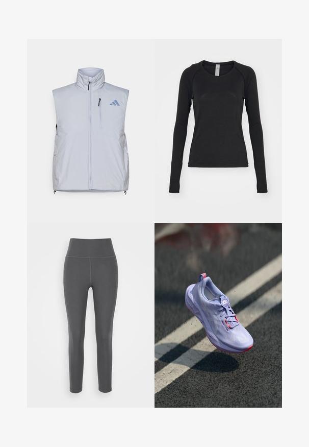 Hellgraue ärmellose Weste mit hohem Kragen, Frontreißverschluss, linker Brusttasche und schwarzen Reißverschluss-Anfassern; verfügt über ein blaues Logo auf der rechten Schulter.; Langärmliges Shirt in Schwarz, aus weichem Stoff. Es hat einen Rundhalsausschnitt und Raglanärmel mit Daumenlöchern an den Bündchen. Minimalistisches Design.; Graue hochgeschnittene Leggings aus dehnbarem, glattem Stoff mit flachen Nähten und einem figurschmeichelnden Design, geeignet für sportliche oder lässige Outfits.; Helle lila Laufschuh mit strukturiertem Obermaterial, pinken Akzenten, einem runden Schnürsystem und einer gesprenkelten Sohle, die über einem Asphalt-Hintergrund schwebt.