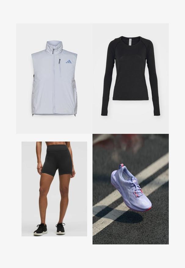 Lichtgrijze mouwloze vest met hoge kraag, rits aan de voorkant, linkerkleppen zak en zwarte ritsen; heeft een blauw logo op de rechterschouder.; Zwarte longsleeve shirt, gemaakt van zachte stof. Beschikt over een ronde hals en raglanmouwen met duimgaten bij de manchetten. Minimalistisch ontwerp.; Hoge taille zwarte sportshorts gemaakt van rekbaar stof, met een gladde textuur en strakke naden, ideaal voor het sporten.; Lichtpaarse hardloopschoen met een gestructureerde bovenkant, roze accenten, een rond vetersysteem en een gespikkelde zool, verhoogd boven een asfaltachtergrond.