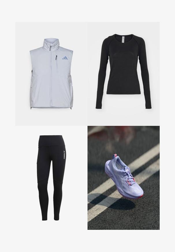 Světle šedá bezrukávová vesta s vysokým límcem, předním zipem, kapsou na levé straně hrudi a černými táhly zipu; obsahuje modré logo na pravém rameni.; Černá dlouhá rukávová košile vyrobená z měkké látky. Má kulatý výstřih a raglánové rukávy s otvory na palce na manžetách. Minimalistický design.; Černé sportovní legíny s vysokým pasem, se boční kapsou, bezešvým designem a logem Terrex na pravé přední straně.; Světle fialová běžecká bota s texturovaným svrškem, růžovými detaily, kulatým systémem šněrování a puntíkovanou podrážkou, umístěná nad pozadím z asfaltu.