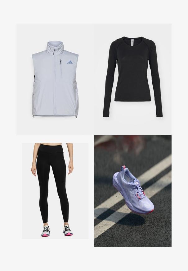 Vaaleanharmaa hihaton liivi, jossa on korkea kaulus, etuvetoketju, vasemmassa rinnassa tasku ja mustat vetoketjun vedot; oikeassa hartiassa sininen logo.; Pitkähihaista mustaa paitaa, joka on valmistettu pehmeästä kankaasta. Ominaisuuksina pyöreä pääntie ja raglan-hihat, joissa on sormiaukot hihansuissa. Minimalistinen muotoilu.; Mustat leggingsit korkealla vyötäröllä, sileällä pinnalla ja minimalistisella muotoilulla. Sisältää sivutaskut ja ompeluyksityiskohtia.; Vaaleanlila juoksukenkä, jossa on teksturoitu yläosa, vaaleanpunaisia aksentteja, pyöreä nauhoitusmekanismi ja pilkullinen pohja, kohoaa asfalttitaustan ylle.
