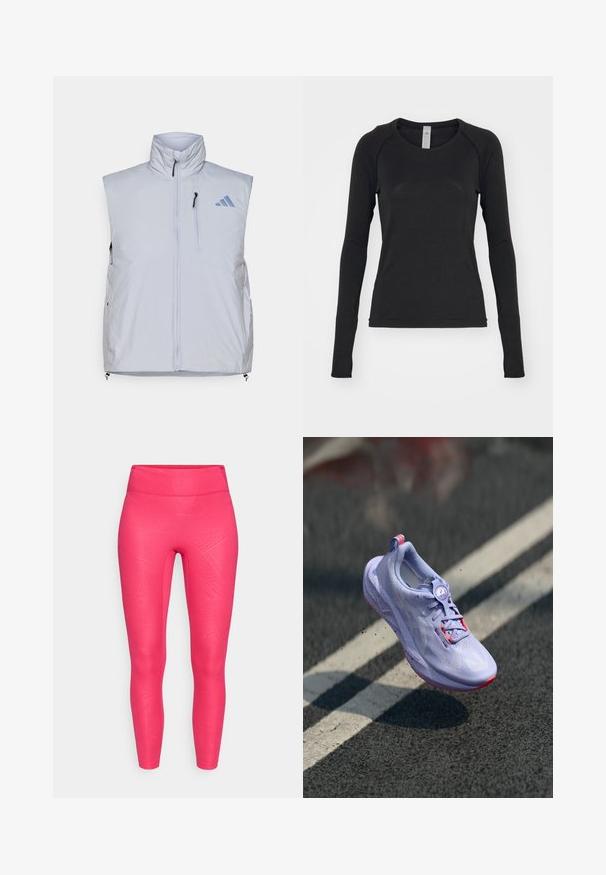 Gaiši pelēks bez piedurknēm vestes ar augstu apkakli, priekšējo rāvējslēdzēju, kreisās krūts kabatu un melniem rāvējslēdzējiem; uzlabots ar zilu logo labajā plecā.; Melna garām piedurknēm krekls, izgatavots no mīksta auduma. Iekļauj apaļu kakla izgriezumu un raglan piedurknes ar caurumiem īkšķiem pie aprocēm. Minimalistisks dizains.; Rozā legingi ar teksturētu rakstu, augstu jostasvietu un pieguļošu dizainu. Izgatavoti no elastīga materiāla, kas pielāgojas ķermeņa kontūrām.; Gaiši violeta skriešanas apavi ar teksturētu virsmas materiālu, rožīgu akcentu, apaļu šņorēšanas mehānismu un punktētu zoli, izbīdīti virs asfalta fona.