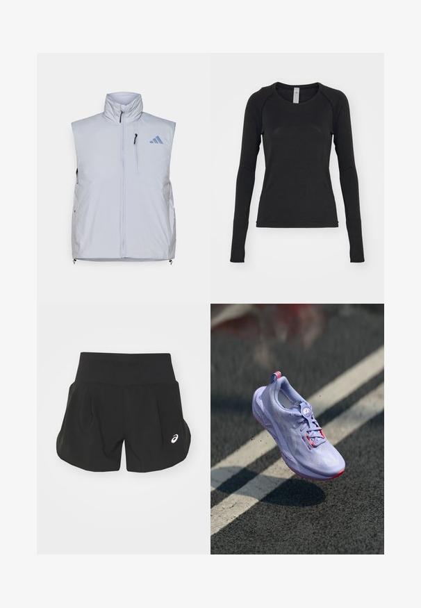 Chaleco sin mangas de color gris claro con cuello alto, cremallera frontal, bolsillo en el pecho izquierdo y tiradores de cremallera negros; presenta un logotipo azul en el hombro derecho.; Camisa de manga larga en negro, hecha de una tela suave. Cuenta con un cuello redondo y mangas raglán con agujeros para los pulgares en los puños. Diseño minimalista.; Pantalones cortos deportivos negros con una cinturilla ancha, diseño plisado y un pequeño acento de logo blanco en la parte inferior izquierda. Material suave y ligero.; Zapatilla de correr en tono púrpura claro con un upper texturizado, detalles en color rosa, un mecanismo de cordones redondo y una suela moteada, elevándose sobre un fondo de pavimento.