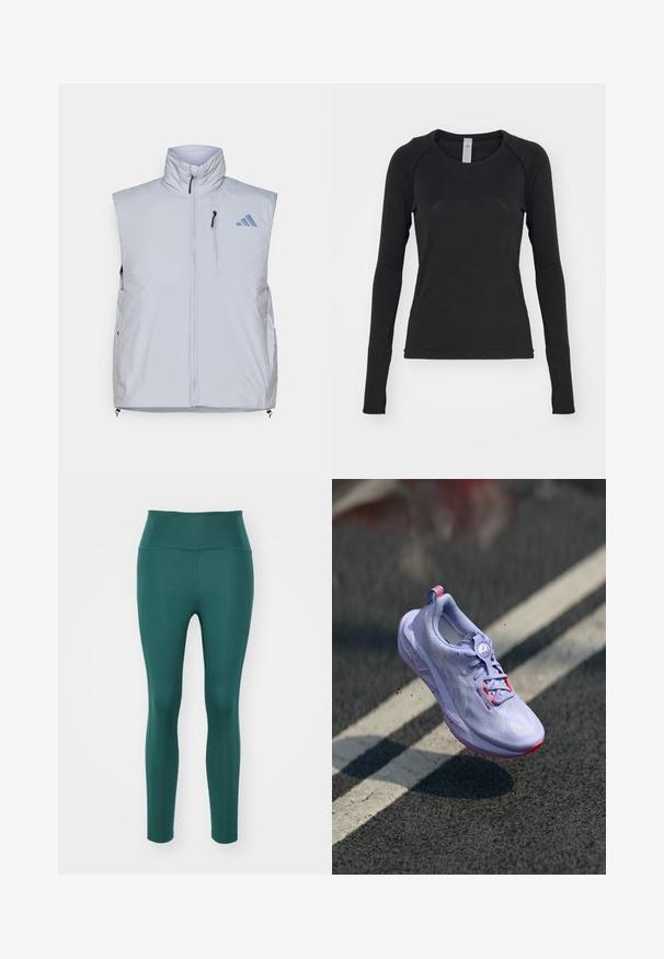 Vesta fără mâneci, de culoare gri deschis, cu guler înalt, fermoar frontal, buzunar pe pieptul stâng și mânere de fermoar negre; prezintă un logo albastru pe umărul drept.; Cămașă cu mâneci lungi, de culoare neagră, făcută dintr-un material moale. Are guler rotund și mâneci raglan cu găuri pentru degete la mansete. Design minimalist.; Colanți cu talie înaltă, de culoare teal închis, realizați dintr-un material neted și elastic. Au un design ajustat, fără cusături sau modele vizibile.; Încălțăminte de alergare de culoare lavandă deschisă, cu un material superior texturat, accente roz, un mecanism de legare rotund și o talpă cu pete, ridicată deasupra unui fundal de asfalt.