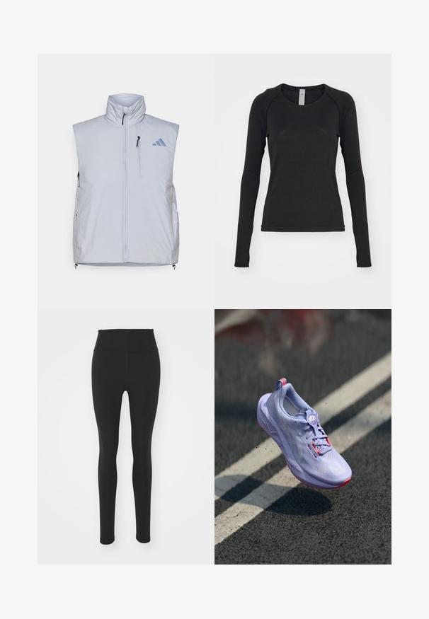 Svetlo šedý bezrúchový vest s vysokým golierom, predným zipsom, ľavými vreckom na hrudi a čiernymi ťahátkami zipsu; obsahuje modré logo na pravom pleci.; Čierna dlhá poloha v rôznej dĺžke, vyrobená z mäkkého materiálu. Má okrúhly výstrih a raglanové rukávy s otvormi na palce na manžetách. Minimalistický dizajn.; Čierne legíny s vysokým pásom vyrobené z elastického materiálu, s hladkou textúrou a priliehavým strihom, zasahujúce po členky bez vzorov.; Svetlofialová bežecká obuv s textúrovaným zvrškom, s ružovými akcentmi, okrúhlym systémom šnurovania a škvrnitou podrážkou, vystúpená nad pozadím z betónového chodníka.