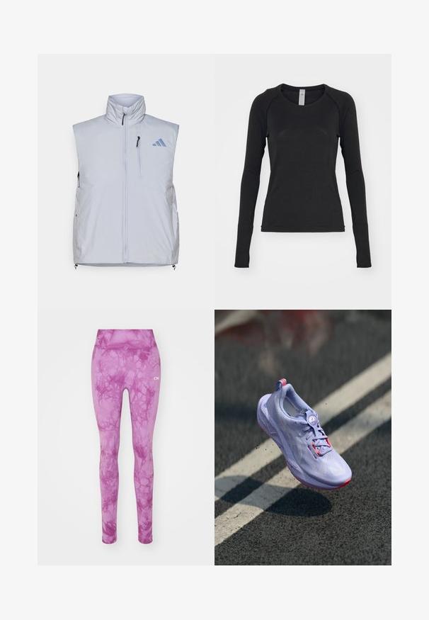 Lyst grå ærmeløs vest med høj krave, frontlynlås, venstre brystlomme og sorte lynlåsrester; har et blåt logo på den højre skulder.; Langærmet skjorte i sort, lavet af blødt stof. Har rund hals og raglanærmer med tommelfingerhuller ved manchetterne. Minimalistisk design.; Lyserøde leggings med et marmoreret mønster, der har en strækbar talje og en glat tekstur. Brandlogoet er vist i hvidt på siden.; Lys lilla løbesko med en tekstureret overdel, pink accenter, en rund snøringsmekanisme og en plettet sål, hævet over en belægning som baggrund.