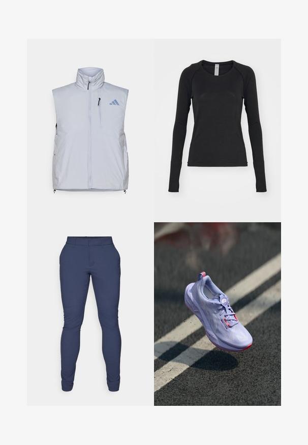 Gilet senza maniche grigio chiaro con colletto alto, zip frontale, tasca sul lato sinistro del petto e tirazip neri; presenta un logo blu sulla spalla destra.; Camicia a maniche lunghe nera, realizzata in tessuto morbido. Presenta un collo rotondo e maniche raglan con aperture per il pollice nei polsini. Design minimalista.; Pantaloni navy realizzati in un tessuto liscio e elasticizzato. Presentano una vestibilità slim, vita piatta e aperture delle gambe affusolate. Nessun abbellimento visibile.; Scarpa da corsa di colore viola chiaro con una tomaia texturizzata, dettagli rosa, un meccanismo di allacciatura rotondo e una suola maculata, elevata sopra uno sfondo di pavimentazione.