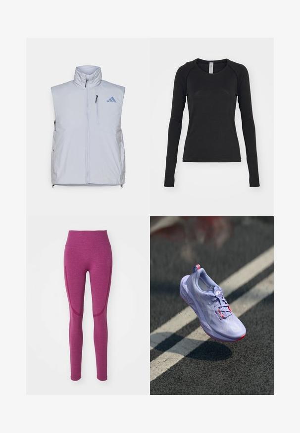 Gilet senza maniche grigio chiaro con colletto alto, zip frontale, tasca sul lato sinistro del petto e tirazip neri; presenta un logo blu sulla spalla destra.; Camicia a maniche lunghe nera, realizzata in tessuto morbido. Presenta un collo rotondo e maniche raglan con aperture per il pollice nei polsini. Design minimalista.; Leggings a vita alta in un profondo colore viola, realizzati in un tessuto testurizzato. Presentano una vita alta e pannelli laterali senza cuciture con accenti in contrasto.; Scarpa da corsa di colore viola chiaro con una tomaia texturizzata, dettagli rosa, un meccanismo di allacciatura rotondo e una suola maculata, elevata sopra uno sfondo di pavimentazione.