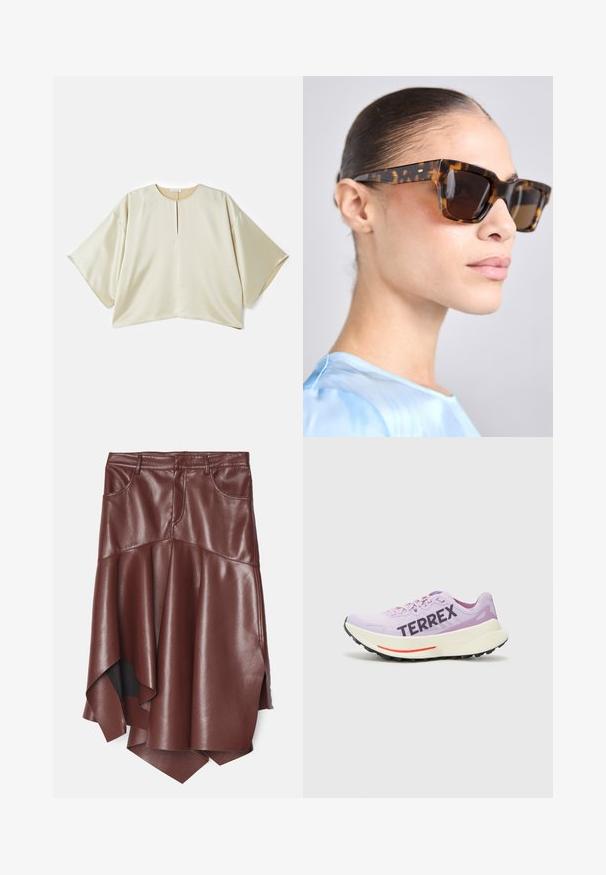 Lyst grå ærmeløs vest med høj krave, frontlynlås, venstre brystlomme og sorte lynlåsrester; har et blåt logo på den højre skulder.; Beige oversized bluse med en rund halsudskæring, korte brede ærmer og en sprække i midten foran. Glat, let skinnende stof med en løs pasform.; Brun faux læder nederdel med en flared, asymmetrisk kant, der har to forlommer og en glat, blank overflade.; Lilla løbesko med åndbart mesh-overdel, fremtrædende "TERREX" logo, hvid mellemsål og sort gummisål med rød accent.; Skildpaddemønstrede solbriller med en kraftig, rektangulær ramme. Mørke linser og guldtonede detaljer på stængerne. Glat, blank overflade.
