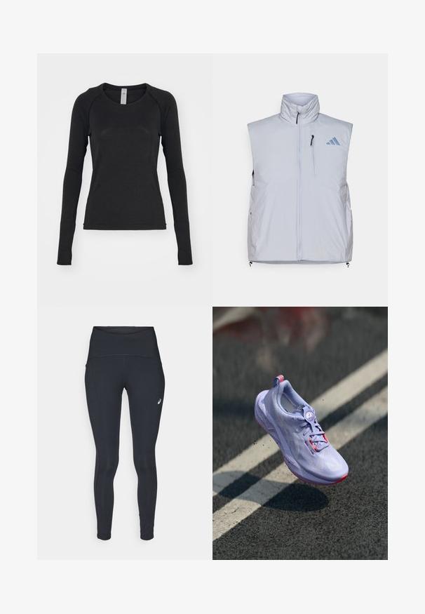Lichtgrijze mouwloze vest met hoge kraag, rits aan de voorkant, linkerkleppen zak en zwarte ritsen; heeft een blauw logo op de rechterschouder.; Zwarte longsleeve shirt, gemaakt van zachte stof. Beschikt over een ronde hals en raglanmouwen met duimgaten bij de manchetten. Minimalistisch ontwerp.; ASICS ROAD HIGH WAIST - Winterlegging - performance black; Lichtpaarse hardloopschoen met een gestructureerde bovenkant, roze accenten, een rond vetersysteem en een gespikkelde zool, verhoogd boven een asfaltachtergrond.