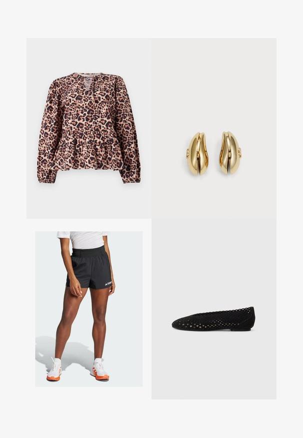 Hellgraue ärmellose Weste mit hohem Kragen, Frontreißverschluss, linker Brusttasche und schwarzen Reißverschluss-Anfassern; verfügt über ein blaues Logo auf der rechten Schulter.; Leopardenmuster Peplum-Top mit langen Ärmeln, runder Halslinie und Schlüssellochdetail. Hergestellt aus weichem Stoff mit strukturierter Oberfläche.; Schwarze Sportshorts mit breitem Bund, auf dem der Text "TERREX" und das Adidas-Logo zu sehen sind. Kombiniert mit weißen Schuhen mit orangefarbenen Akzenten.; Schwarze Ballerinas aus durchlöchertem Wildleder, mit einer abgerundeten Zehe und gewellten Kanten. Flache Sohle mit subtilen Details auf der Oberfläche.; Goldfarbene Ohrringe mit fließendem, geschwungenem Design. Jeder Ohrring hat eine glatte Oberfläche und einen kleinen Verschluss mit einem dekorativen Detail.