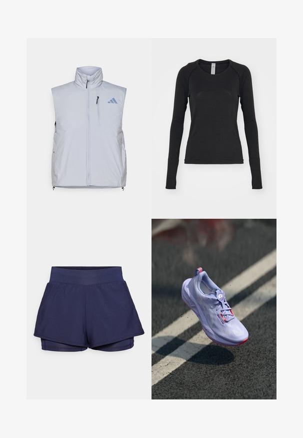 Ljusgrå ärmlös väst med hög krage, framdragkedja, vänster bröstficka och svarta dragkedja-holkar; har en blå logo på höger axel.; Svart långärmad skjorta, tillverkad av mjukt tyg. Har rundad halsringning och raglanärmar med tumhål vid ärmsluten. Minimalistisk design.; Marina atletisk shorts med hög midja, lagerdesign och en slät yta. Inre fodret är figurnära för extra komfort.; Ljuslila löparsko med en texturerad ovandel, rosa accenter, en rund snörningsmekanism och en fläckig sula, lyft över en asfaltbakgrund.