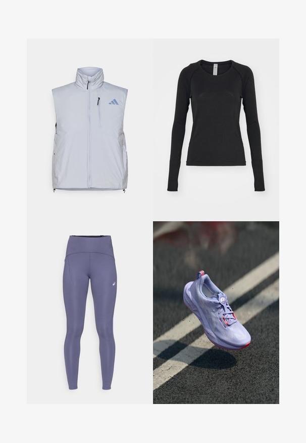 Lichtgrijze mouwloze vest met hoge kraag, rits aan de voorkant, linkerkleppen zak en zwarte ritsen; heeft een blauw logo op de rechterschouder.; Zwarte longsleeve shirt, gemaakt van zachte stof. Beschikt over een ronde hals en raglanmouwen met duimgaten bij de manchetten. Minimalistisch ontwerp.; Paarse hoge taille leggings gemaakt van rekbaar materiaal; heeft een zijzak en een klein logo op het onderbeen. Helemaal een gladde textuur.; Lichtpaarse hardloopschoen met een gestructureerde bovenkant, roze accenten, een rond vetersysteem en een gespikkelde zool, verhoogd boven een asfaltachtergrond.