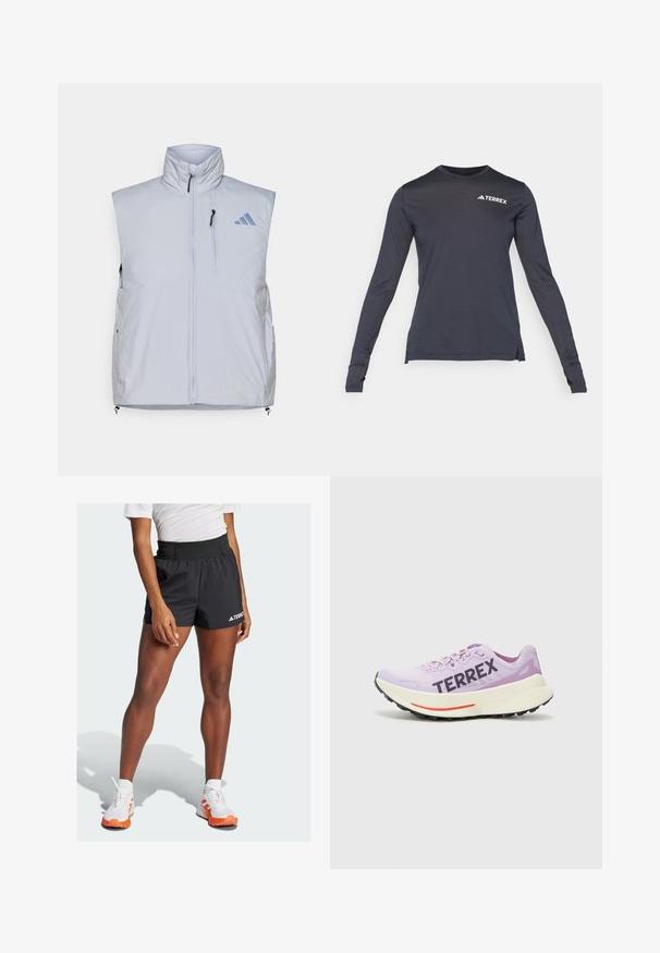Vesta fără mâneci, de culoare gri deschis, cu guler înalt, fermoar frontal, buzunar pe pieptul stâng și mânere de fermoar negre; prezintă un logo albastru pe umărul drept.; Cămașă de performanță cu mânecă lungă, de culoare albastru închis, cu decolteu rotund, având un logo alb "Terrex" și panouri laterale din plasă texturată.; Shorts atletici negri cu o talie lată, având inscriptionat textul "TERREX" și un logo Adidas. Combinați cu pantofi albi accentuați cu portocaliu.; Pantof sportiv violet cu superior din plasă respirabilă, logo „TERREX” proeminent, talpă intermediară albă și talpă exterioară din cauciuc negru cu accente roșii.