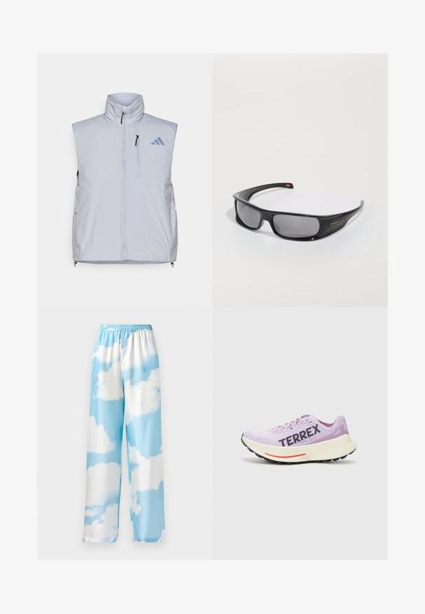 Ljusgrå ärmlös väst med hög krage, framdragkedja, vänster bröstficka och svarta dragkedja-holkar; har en blå logo på höger axel.; Långärmad vit sporttröja med hög hals, tillverkad av slät, stretchig tyg; har raglanärmar och en liten svart logotyp.; Himmelsblå byxor med molnmönster, tillverkade av mjukt tyg, med elastisk midja och vida ben. Inga synliga fickor eller beslag.; Lila löparsko med andningsbart mesh-ovandel, framträdande "TERREX"-logotyp, vit mellansula och svart gummisula med röd accent.; Svarta Oakley-wraparound-solglasögon med mörka rektangulära linser och böjda armar på en helt vit bakgrund.