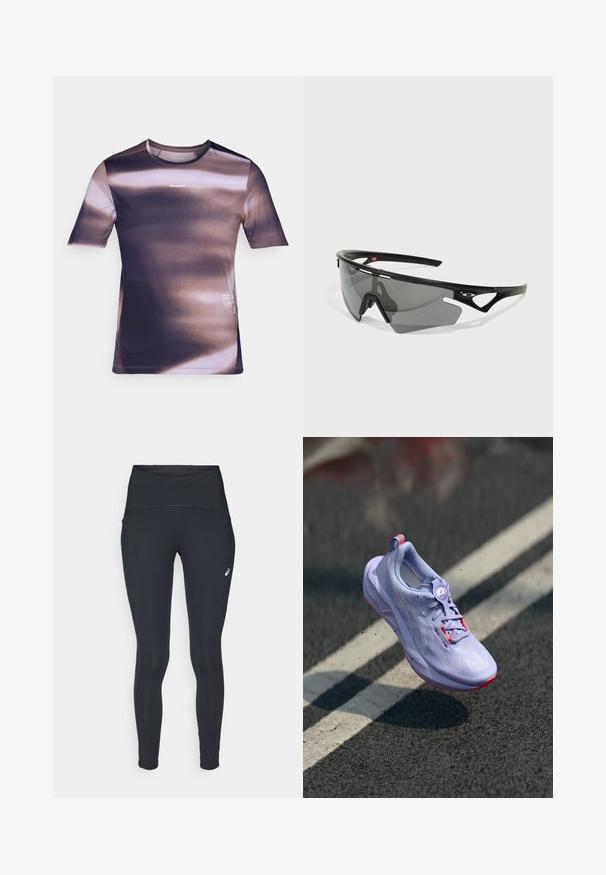 Šviesiai pilkas be rankovių liemenė su aukšta apykakle, priekiniais užtrauktukais, kairėje krūtinėje kišene ir juodais užtrauktukų traukliais; ypatumėse yra mėlynas logotipas dešinėje peties pusėje.; Trumpas rankovėmis sportinis marškinėliai gradientiniais purpuriniais ir rudo atspalviais, pasižymintys tekstūruotu audiniu, apvaliu iškirpimu ir logotipo detale.; ASICS ROAD HIGH WAIST - Žieminės pėdkelnės - performance black; Šviesiai violetiniai bėgimo batai su tekstūruotu paviršiumi, rožiniais akcentais, apvaliu raištelių mechanizmu ir dėmėta minkštimo dalimi, pakelti virš asfalto fono.; Sportiniai saulės akiniai su juodu plastiko rėmeliu ir pilkai tonuotais stiklais. Turi kampinį dizainą ir rėmelio išpjovas ventiliacijai.